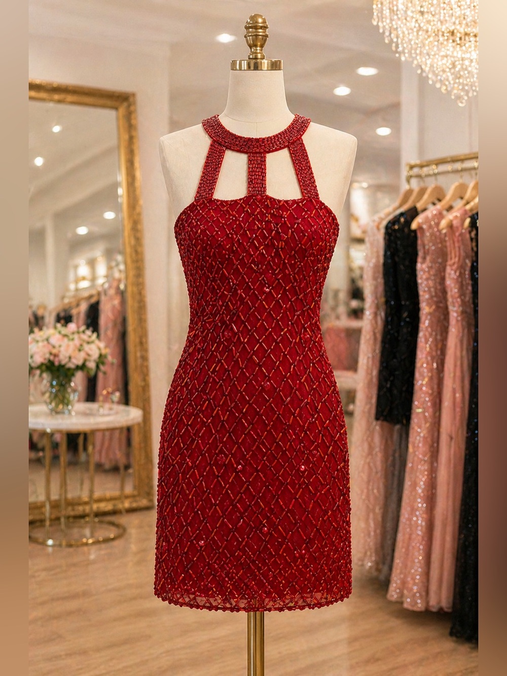 Red Beaded Halter Cocktail Dress - Size 4